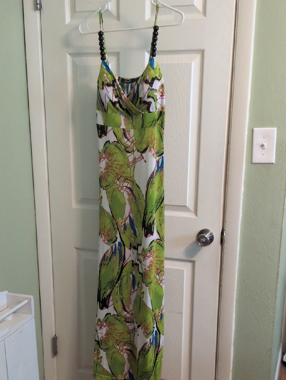 Essentials by Milano White Maxi Dress with Lime Green Abstract Print